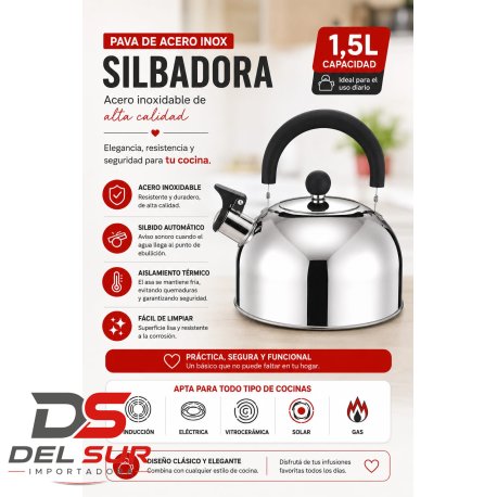 PAVA ACERO INOX. SILBADORA 1.5L