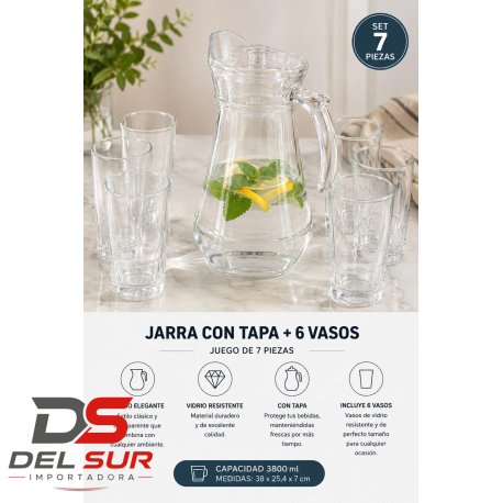 JARRA CON 6 VASOS DE VIDRIO