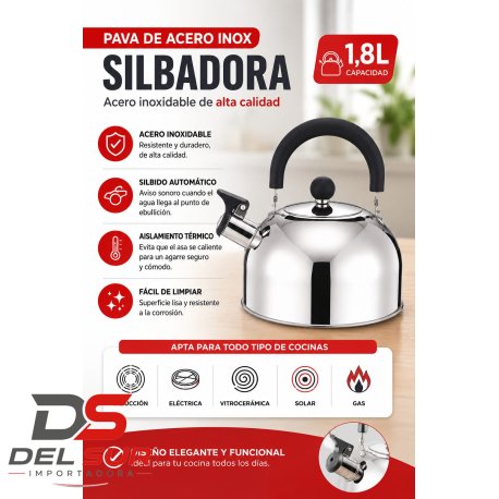 PAVA ACERO INOX. SILBADORA 1.8L